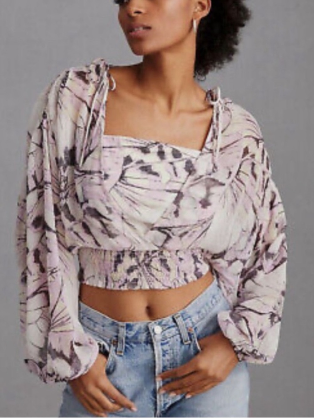 Anthropologie Pink and Cream Floral Smocked Crop Top XXS